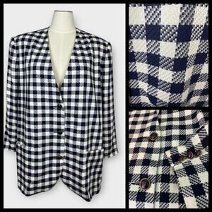 Vintage 80s Kathryn Deene NY Blue White Plaid Check Oversized Blazer Preppy 28
